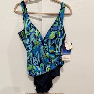 Chlorine Resistant Blue and Green Swirl One Piece Swimsuit